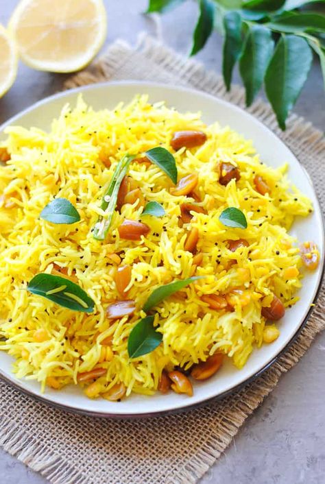 Indian lemon rice pilaf in the instant pot is an easy, 25 minute recipe. Made with simple and healthy ingredients like Basmati rice, turmeric, lemon juice and peanuts, this is a vegan and gluten-free one-pot meal! #lemonrice #instantpotrice #onepotmeal #quickandeasymeals #indianrecipes South Indian Lemon Rice Recipe, Rice Turmeric, Rice Recipes Indian, Quick Rice Recipes, Lemon Rice Recipe, Grains Recipes, Rice Dishes Easy, Basmati Rice Recipes, Quick Rice