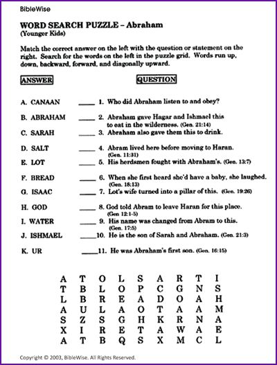 Word Search, Abraham and Sarah (Young Kids) - Kids Korner - BibleWise Abraham Bible, Sunday School Worksheets, Printable Bible Activities, Youth Bible Study, Kids Church Activities, Abraham And Sarah, Bible Worksheets, Bible Quiz, Bible Activities For Kids