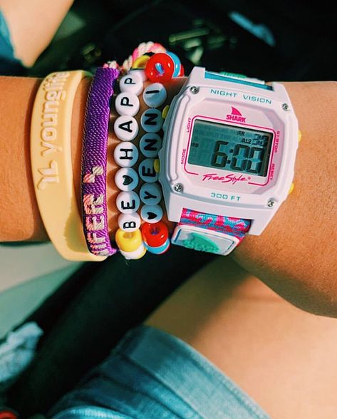 Fun Watches, Candyland Invitations, Shark Watch, Freestyle Watch, Surf Jewelry, Bracelet Stacks, Summer Bracelet, Coral Bracelet, Summer Bracelets