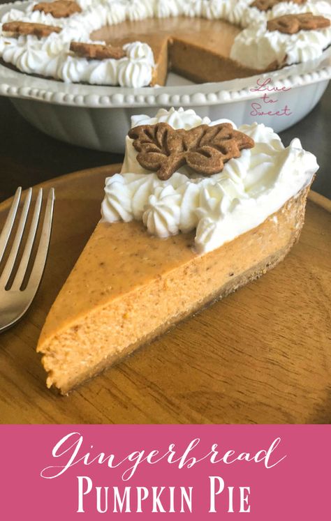 A traditional pumpkin filling inside a spiced gingerbread crust, topped with fresh whipped cream. Pumpkin Pie Gingerbread Crust, Ginger Pie Crust, Ginger Cookie Pie Crust, Gingerbread Pumpkin Pie, Gingerbread Crust Pie, Topping For Pumpkin Pie, Ginger Pumpkin Pie, Gingerbread Crust Pumpkin Pie, Pumpkin Pie With Gingerbread Crust