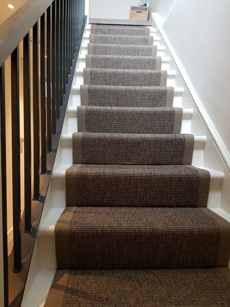 Grey Carpet Installation with Brown Binding as a Stair Runner in Knightsbridge Stair Runner With Dark Wood, Carpet Runner On Dark Wood Stairs, Brown Stair Runner, Grey Stair Runner With Rods, Stair Runner Carpet Dark Wood, Stair Runner Carpet Grey, Industrial Carpet, Stairs Landing Carpet, Stairs Landing