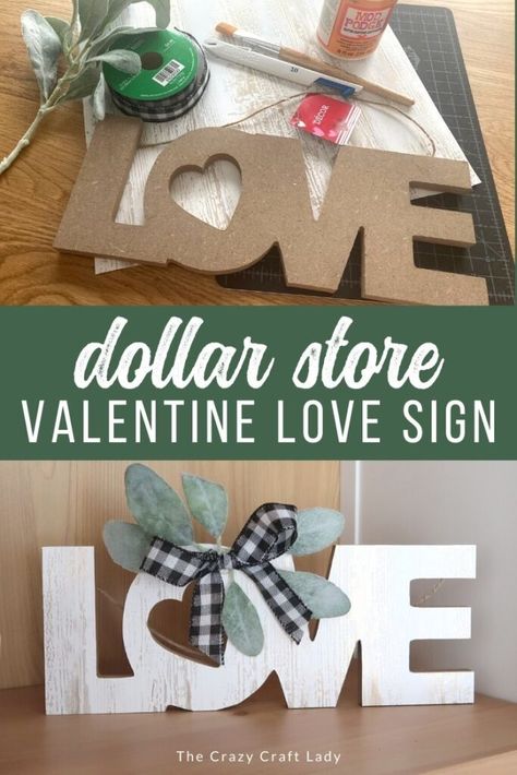 Diy Love Sign, Dollar Tree Valentines Crafts Diy, Dollar Tree Diy Valentines Crafts, Dollar Tree Valentines Diy Ideas, Valentine Signs, Farmhouse Valentine Decor, Dt Crafts, Diy Valentines Day Wreath, Farmhouse Wreaths