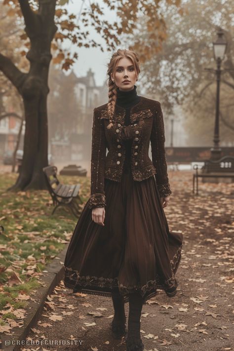 Vintage fall fashion, moody autumn walk, dark academia style, elegant fall dress, leaf-covered path, gothic fall vibes, Victorian-inspired autumn, romantic autumn fashion, fall lace dress, foggy fall morning, autumn street style, dark romantic outfit, autumn park walk, mysterious fall fashion, timeless autumn look, classic fall style, walking in autumn leaves, redhead autumn fashion, moody fall elegance. Dark Romantic Outfit, Fall Lace Dress, Vintage Fall Fashion, Walking In Autumn, Foggy Fall, Morning Autumn, Classic Fall Style, Moody Autumn, Romantic Autumn