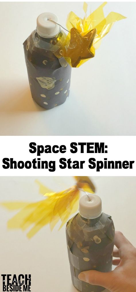 Space STEM: Shooting Star Spinner toy. Learn about kinetic & potential energy as well as exploring space. Great for space lessons for kids!  via @karyntripp Astronaut Stem Activities For Kids, Outer Space Activities, Space Stem, Kinetic And Potential Energy, Stem Camp, Space Activities For Kids, Space Lessons, Library Space, Classroom Diy