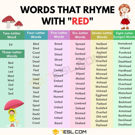 A Handy List of 399 Words that Rhyme with Red Words That Rhyme List, Two Letter Words, List Of Words, Song Writing, Three Letter Words, Song Ideas, Longest Word, Four Letter Words, Pre K Activities