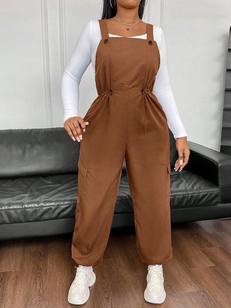 Coffee Brown Casual Collar Sleeveless Woven Fabric Plain Overall Embellished Non-Stretch  Women Plus Clothing Overall Jumpsuit, Coffee Brown, Plus Clothing, Online Fashion, Drawstring Waist, Woven Fabric, Men's Clothing, Fashion Inspiration, Overalls