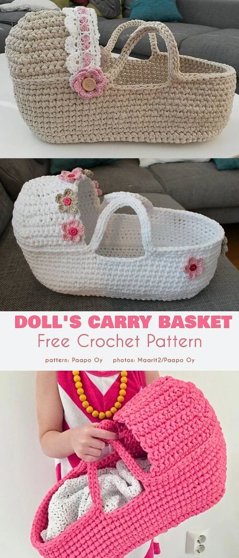 Doll's Carry Basket Crocheted Bed Dolls Free Patterns, Baby Doll Basket Carrier Free Pattern, Doll Carrier Crochet Pattern Free, Crochet Doll Bassinet Pattern Free, Crochet Dolls Moses Basket Free Pattern, Free Crochet Pattern For Moses Basket, Crochet Reborn Doll Clothes Free Pattern, Crocheted Moses Basket Free Pattern, Doll Carry Basket Free Pattern