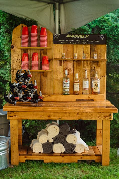 Wedding bar, cedar, rustic, self serve. Outdoor Self Serve Bar Wedding, Outside Wedding Bar Ideas, Wedding Bar Ideas Self Serve, Moonshine Bar Wedding, Wedding Serve Yourself Bar, Self Serve Bar At Wedding, Selfserve Bar Wedding, No Bartender Wedding Bar, Homemade Wedding Bar