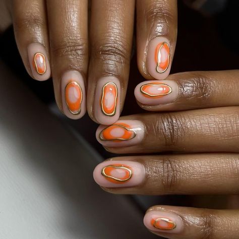 Short Fire Nails, Orange Biab Nail Designs, Biab Nails Ideas, Short Amber Nails, Nails Festival, Small Nail Designs, Simple Abstract Nails, Orange Gold Nails, Groovy Fall Nails