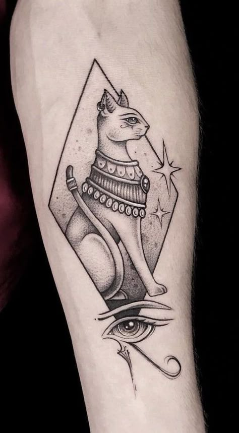 Bastet Tattoos: Meanings, Tattoo Designs & Ideas Bast Tattoo, Bastet Tattoo, Egyptian Cat Tattoos, Kitty Tattoos, Spiritual Tattoo, Egyptian Cat Goddess, Egyptian Tattoo Sleeve, Universe Tattoo, Egypt Tattoo