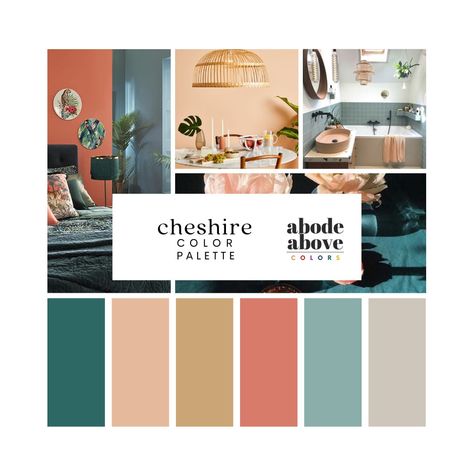 Cheshire - Interior Design Color Palette | Sherwin Williams 2024 Whole House Color Scheme | Interior Paint Design | Coral, Gold, Teal Secret Cove Sherwin Williams, Trending Color Palettes Interior Design, Green And Coral Color Palette, Peach And Teal Bedroom, Interior Paint Design, Whole House Color Scheme, House Color Schemes Interior, Color Palette Sherwin Williams, Apartment Color Schemes