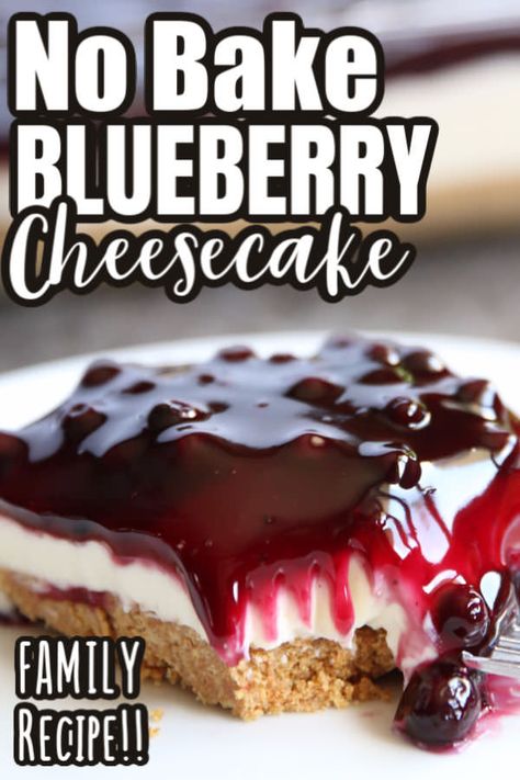 This classic no-bake cheesecake recipe is made with 1 brick of cream cheese and sweetened condensed milk. Top with blueberry pie filling or the pie filling of your choice. Creamy, tart-sweet and delicious, it's the perfect refreshing dessert for summer parties and pot-lucks. #HappyHooligans #NoBake #Cheesecake #CreamCheese #Condensed Milk, #GrahamCracker #Crust #Summer #Dessert #Easy #Recipe No Bake Cheesecake With Condensed Milk, Desserts With Condensed Milk, Cheesecake Condensed Milk, Condensed Milk Cheesecake Recipes, Blueberry Cream Cheese Pie, Pear Preserves, Dessert For Summer, Blueberry Desserts Recipes, Blueberry Cheesecake Bars