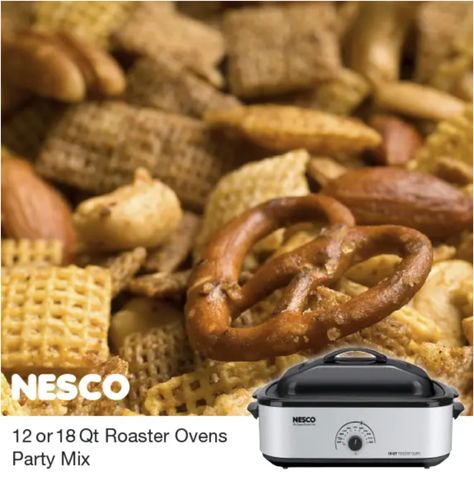 Make your snack the life of the party with the NESCO Roaster Oven part mix. #party #mixitup #yourkeyingredient #snacktime Homemade Chex Mix Recipe Oven, Sweet Party Mix Recipe, Crispy Rice Squares, Ranch Chex Mix Recipes, Nesco Roaster Oven, Turkey In Roaster Oven, Roaster Oven Recipes, Homemade Chex Mix Recipe, Roaster Recipes