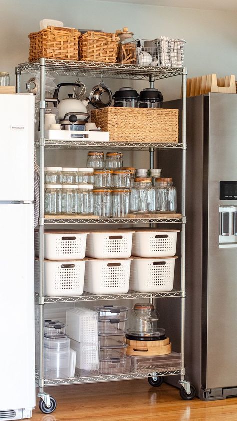 hellonutritarian on Instagram: This is just part of my storage container “collection” you can find all of my different storage and pantry carts in my #fridgelovebook 📖💫… Kitchen Shelf Pantry, Pantry Cart Storage, Kitchen Storage Unit Ideas, Pantry Shelves Organization, Kitchen Container Organization, Kitchen Pantry Organization Ideas, Burgundy Kitchen, Copenhagen Apartment, Kitchen Pantry Organization