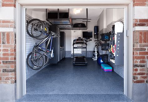 Garage Gym Design, Small Home Gyms, Garage Mudroom, Garage Storage Inspiration, Diy Garage Storage Cabinets, Doors Diy, Home Gym Garage, Workout Room Home, Garage Renovation