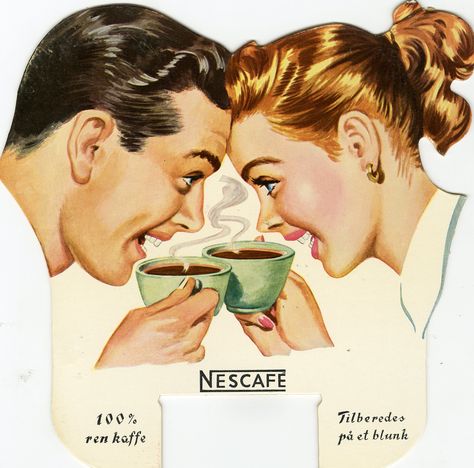 NESCAFÉ 75 YEARS: 1950s | A cardboard product illustration f… | Flickr Vintage Coffee Signs, 1950s Ads, Vintage Coffee Shops, Nescafe Coffee, Good Old Times, Coffee Images, Vintage Cafe, Coffee Decor, Coffee Photography