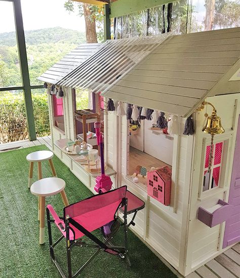 Joining two Kmart cubbies. Kmart cubby hack Playhouse Interior Ideas, Playhouse Remodel, Kmart Cubby, Cubby House Ideas, Playhouse Makeover, Kids Cubby Houses, Mini Cottage, Kids Cubbies, Kmart Hacks