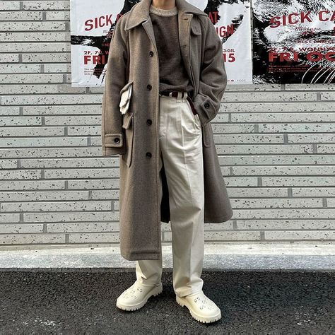 Collection: OH Atelier Available on ohgarments.com - Discover Quality Street Fashion Styles From Asia. As Seen on TikTok, Pinterest & Instagram #style #outfitinspo #koreanfashion #streetwear #streetfashion #aesthetic #y2k #outfitidea Overcoats Outfits Women, Mens Winter Trench Coat, British Clothing Men, Guy In Trenchcoat, Long Trench Coat Outfit Men, Men Fashion Ideas Casual, Dystopian Scientist, Light Academia Aesthetic Outfit Male, Modest Outfits Men