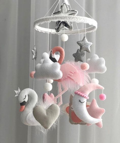 Music mobile for baby flamingo felt mobile handmade felt | Etsy Diy Cot Mobile, Diy Felt Mobile Nursery, Cot Mobiles Handmade, Flamingo Mobile, Black And White Felt Cot Mobile, Felt Cot Mobile Handmade, Mobile For Baby, Wood Mobile, Felt Butterfly