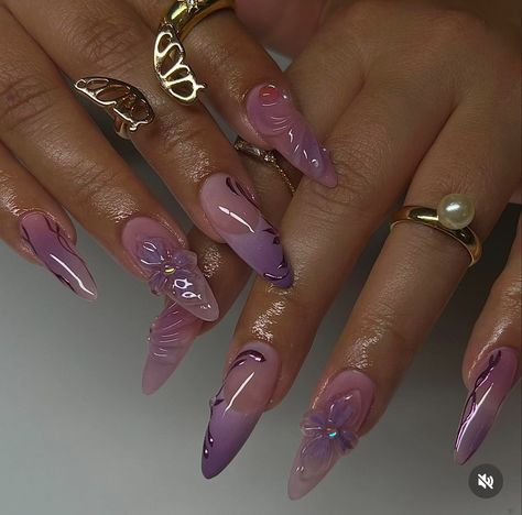 Purple Nail Ombre, Purple Acrylic Nails Almond, Purple Ethereal Nails, Purple Nails Aura, Lilac Aura Nails, Amethyst Nails, Pink And Purple Nails, Fairy Purple Nails, Purple Aura Nails Chrome