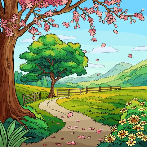 Nature Drawing Ideas, Colorful Village, Easy Scenery Drawing, Drawing Scenery, Sky Art Painting, Illustration Art Kids, Nature Background Images, Beautiful Art Paintings, Free Worksheets