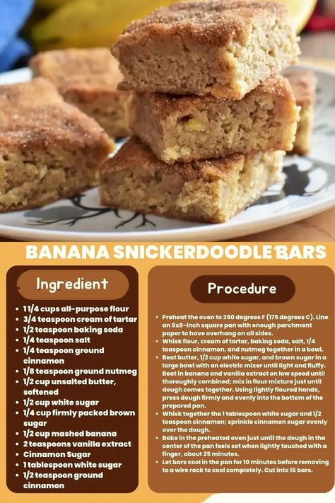 Banana Snickerdoodle Bars – Insta Cooked Banana Snickerdoodle Bars, Snickerdoodle Bars, Desserts Menu, Cinnamon Banana, Cinnamon Spice, Banana Flavored, Cream Of Tartar, Snickerdoodles, Homemade Desserts