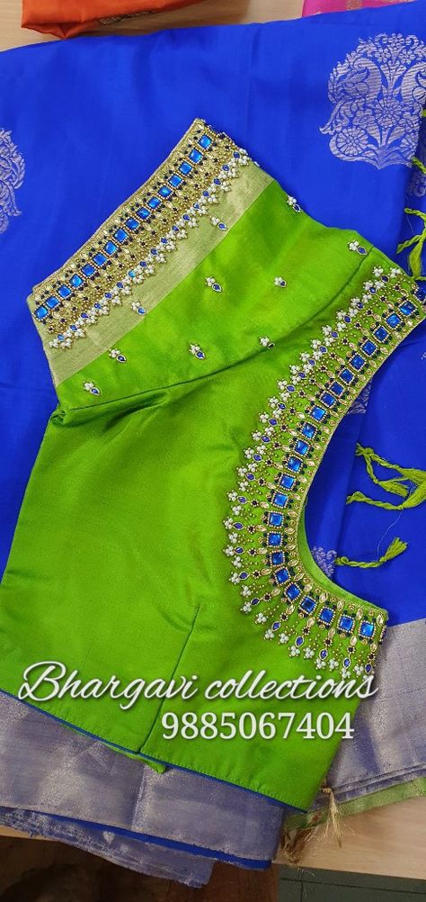 Simple Maggamwork Blouse Designs, Blose Desines New Work, Parrot Green Blouse Aari Work Designs, Blose Desines New Maggam Work, Jewellery Work Blouse Designs, Hand Work Blouse Design Simple Hand Work Blouse Designs, Simple Works On Blouses, Kaasu Work Blouse Designs, Green Work Blouse Designs