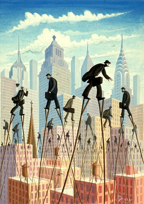 Eric Drooker fab magritte style post modern surrealist art painting ...above the city ....love the guys of the rat race still racing around but on stilts New Yorker Covers, Great Paintings, Alphonse Mucha, Stilts, Wow Art, The New Yorker, Pablo Picasso, Surreal Art, Art Sculpture