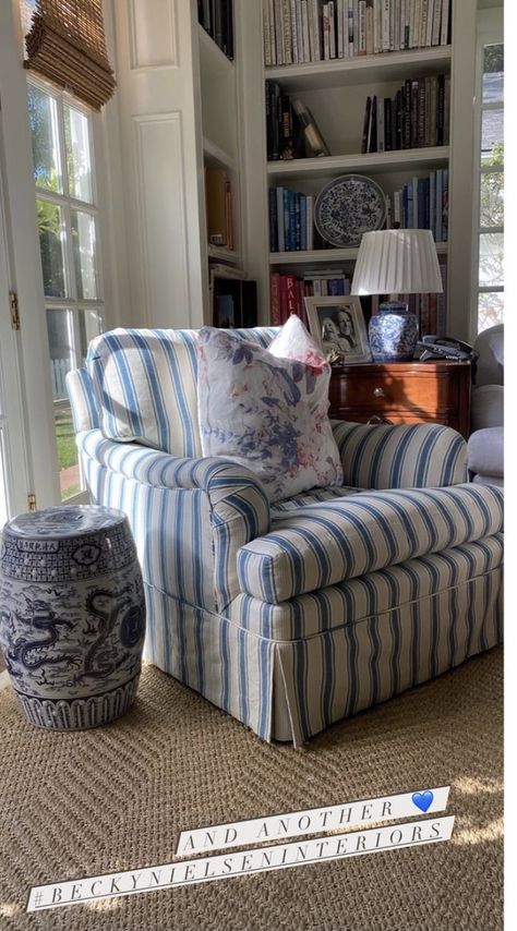 Coastal Cosy Living Room, Blue Wingback Chair Living Room, East Coast Interior Design, Maximalist Coastal Traditional, Grandmillennial Living Room, Living Room Ottoman Coffee Table, Nancy Myers Homes, Coastal New England Home, Traditional Eclectic Decor