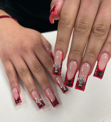 Red Bottom Nails Short, Black N Red Nails, Cute Red Acrylic Nails, Red Black And White Nails Design, Black And Red Nails Short, Red Exotic Nails, Red And Black Nails Short, Red Nail Sets, Red Square Acrylic Nails