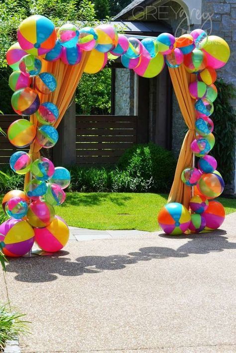 Luau, Hawaii, Beach Graduation/End of School Party Ideas | Photo 3 of 44 Ball Arch, Neon Balloons, End Of School Party Ideas, End Of School Party, School Party Ideas, Bar Deco, Deco Ballon, End Of Year Party, Trolls Party