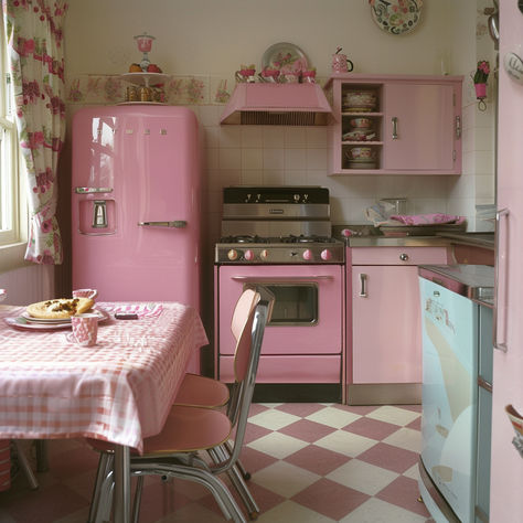 Pink Retro 50's kitchen with Pink Refridgertor, oven, and cabinets Pink Kitchen Designs, Pink Kitchen Ideas, Retro Pink Kitchens, Pink Cabinets, Colorful Backsplash, Yellow Cabinets, Strawberry Kitchen, Retro Bar Stools, Retro Appliances