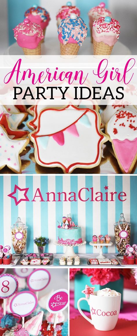 American Girl Party Ideas American Doll Party Ideas, American Doll Birthday Party Ideas, American Girl Themed Birthday Party, American Girl Doll Party Ideas, American Girl Party Ideas, Sixth Birthday Girl Party Ideas, American Girl Doll House Diy, Doll Party Ideas, American Girl Tea Party