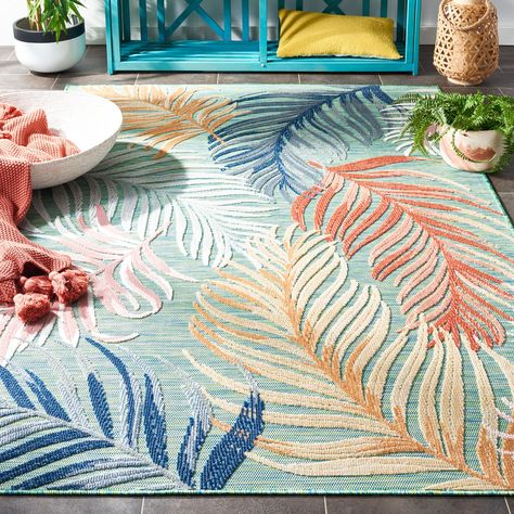 SAFAVIEH Cabana Emili Indoor/ Outdoor Waterproof Transitional Rug Motif Development, Deck Porch, Tropical Resort, Ivory Background, Transitional Rugs, Beachcrest Home, Botanical Pattern, Tropical Decor, Coral Orange