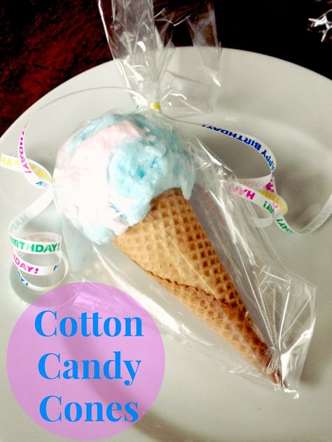 cotton-candy-cones 1 Candy Cones Party Favors, Cotton Candy Cones, Barney Party, Barney Birthday, Cotton Candy Cone, Cotton Candy Party, Ice Skating Party, Easy Party Favor, Candy Cone