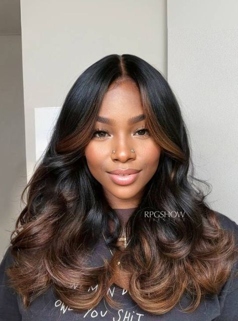 Black Roots And Brown Hair, Ombré Hair Styles, Middle Part Weave Straight, Middle Part Sew In With Leave Out Color, Balayage Sew In Weave, Caramel Ash Balayage, Color On Ends Of Hair, Colored Bundles Hair Black Women, Side Part Heavy Layers