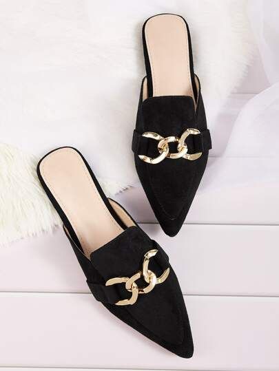 Get discounts for Point Toe Chain Decor Flat Mules and find more styles you'll enjoy. Bellies For Women Footwear, Casual Footwear Women, Women Business Casual, Sparkly Wedding Shoes, Trendy High Heels, Pretty Flats, Shoe Makeover, Women Footwear, Chain Decor