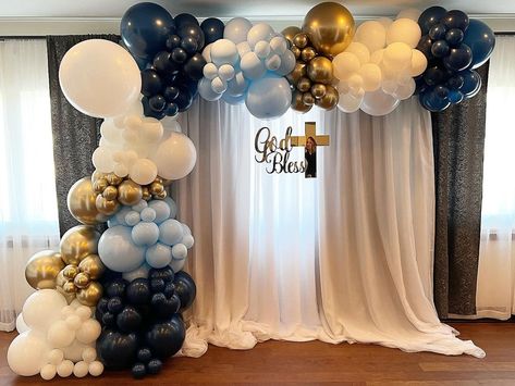 Balloon & Event Stylist on Instagram: “Christening Backdrop ✨⛪️ • • • • #njchristening #njbaptism #christening #baptism #njballoons #balloonsnj #jerseyshorelocal #tomsriverlocal…” Confirmation Balloon Garland, Confirmation Balloon Decor, Christening Backdrop Boy, Naming Ceremony Decorations Ballon, Christening Backdrop, Simple Balloon Decoration, Baptism Backdrop, Christening Balloons, Event Stylist