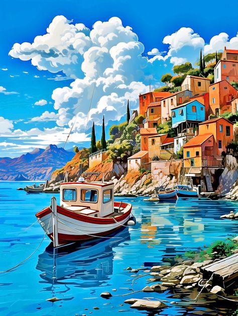 Illustration vivid colors of a boat in Assos village in Greece, in deep blue water and intense bleu sky with orange houses Houses On A Cliff, Nature Illustration Landscapes, Greece Landscape Painting, Orange Houses, Village Illustration, Water Sketch, Illustration House, Greece Painting, Boat Illustration