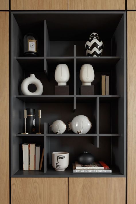 Black Family Room Ideas, Family Room Storage Ideas, Tv Wall Shelf Ideas, Book Shelf Wall Ideas, Dining Room Cabinet Ideas, Full Wall Storage, Modern Shelving Design, Modern Bookshelf Design, Dining Room Cabinet