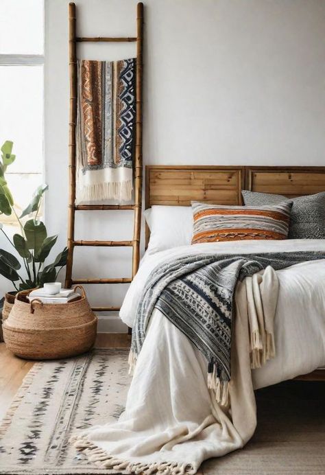 Pallet Bed With Lights, Bamboo Ladder, Arranging Furniture, Chic Nightstand, Bamboo Ladders, Bamboo Blanket, Boho Blanket, Boho Bedroom Ideas, Headboard With Lights