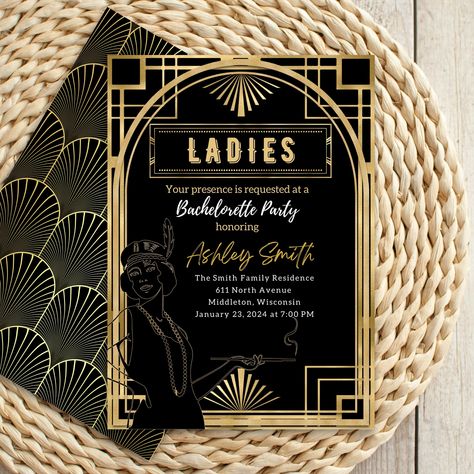 Art Deco Invite, Flapper Bachelorette Party, Speakeasy Bachelorette Party, 1920 Party, Black And Gold Art Deco, Black And Gold Invitations, Black And Gold Art, Flapper Girls, Art Deco Party