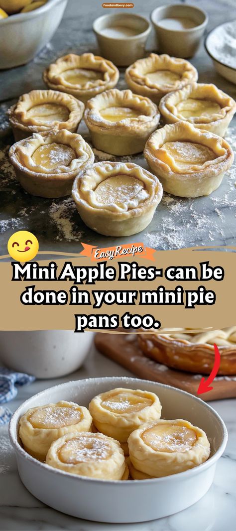 Embrace the charm of Mini Apple Pies, perfect for serving in your mini pie pans. These little pies feature a classic apple filling with a hint of cinnamon, encased in a flaky crust, ideal for personal servings or as a treat for gatherings where everyone gets their own. #MiniApplePies #DessertTime #PieLove Small Pies Recipes, Mini Pies Easy, Small Pies, Mini Apple Pie Recipe, Mini Apple Pie, Mini Pie Pans, Mini Pie Recipes, Mini Pie, Mini Apple Pies