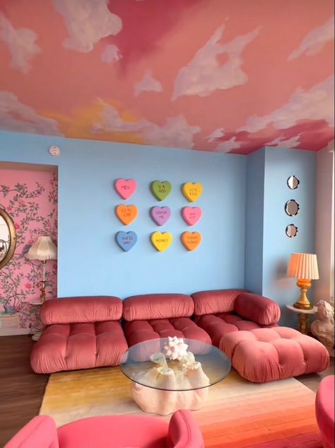 Bedroom Color Schemes Bright, European Room Ideas, Novelty Bedroom Decor, Fun Side Table Ideas, Funky Bedroom Ideas Modern, Two Color Painting Ideas For Walls, Fun Furniture Bedroom, Campy Home Decor, Sensory Room Ideas At Home For Adults