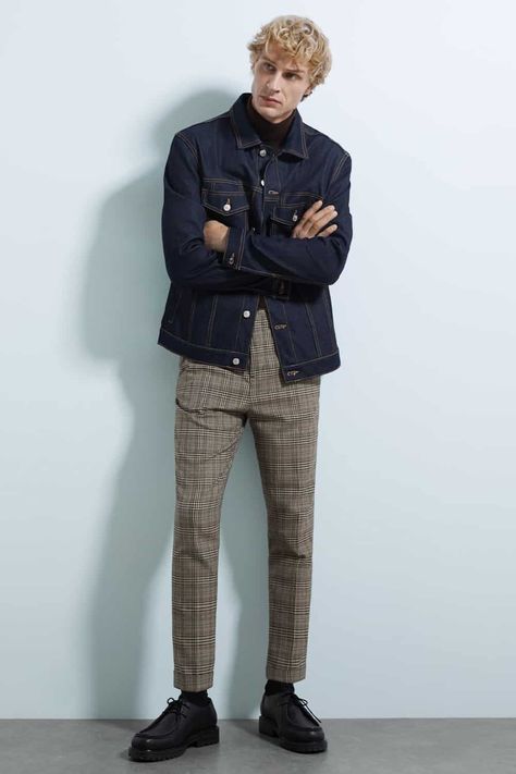 Men's Plaid Pants Outfit Inspiration: How To Wear Them In 2024 Mens Check Trousers Outfit, Brown Plaid Pants Outfit Men, Plaid Pants Men Outfit Street Styles, Men’s Plaid Pants Outfit, Checked Pants Outfit Men, Plaid Trousers Outfit Men, Mens Denim Jacket Outfit Street Styles, Roll Neck Outfit, Checkered Pants Outfit Men