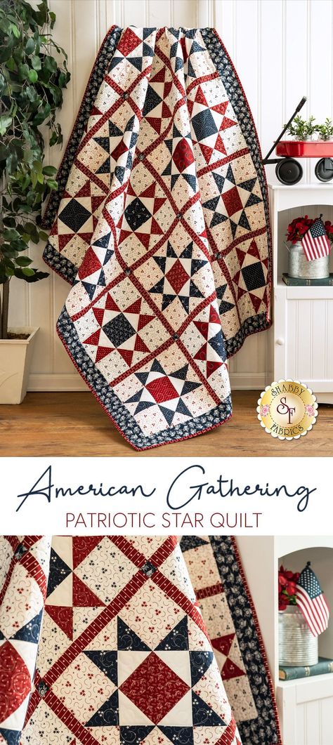 Enjoy the beautiful reds, whites, and blues in this lovely Ohio Star filled quilt made with the American Gathering fabric collection from Moda Fabrics. This quilt is perfect for all skill levels and adds the perfect Americana feel to any room!Quilt finishes at approximately 56.5" x 69.5". Country Quilts Patterns, Americana Quilt Patterns, Red White Blue Quilts, Ohio Star Quilt Pattern, Patriotic Quilt Patterns, Decorating With Quilts, Square Quilt Patterns, Veteran Quilts, Red White Blue Quilt