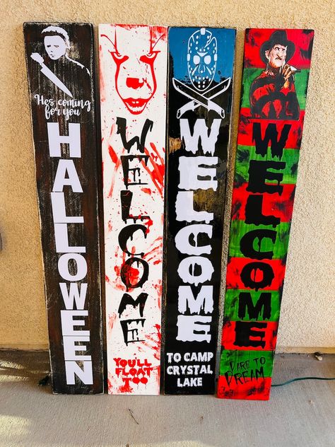 Horror Movie Porch Sign, Halloween Front Door Signs Diy, Welcome Halloween Sign, Halloween Wood Signs Front Porches, Scream Halloween Decorations, Halloween Welcome Signs Front Porches, Halloween Signs Wooden Porch, Diy Fall Signs Front Porches, Painted Halloween Signs