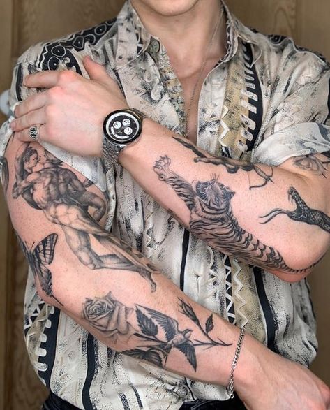 Realism Patchwork Tattoo Sleeve, Mens Realism Tattoo Ideas, Patchwork Realism Tattoo, Flash Work Tattoo, Realistic Patchwork Tattoo, Men Floral Tattoo, Realism Sleeve Tattoo, Tiger Tattoo Men, Realism Tattoo Ideas For Men