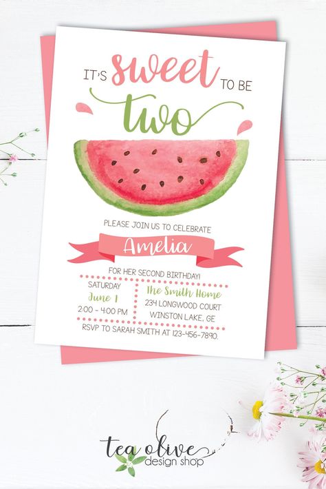 It’s sweet to be two! This darling watermelon invitation is perfect for a sweet little two year old girl’s birthday party!  #birthday #watermelonbirthday #birthdayparty Birthday Party For 2 Year Girl, Two Year Party Theme, Two Sweet Fruit Birthday Party, 2 Year Birthday Theme Girl Summer, Summer Two Year Old Birthday, Summer Second Birthday Party Themes, Cute Two Year Old Birthday Themes, 2nd Birthday Invitations Girl, Two Years Old Birthday Girl