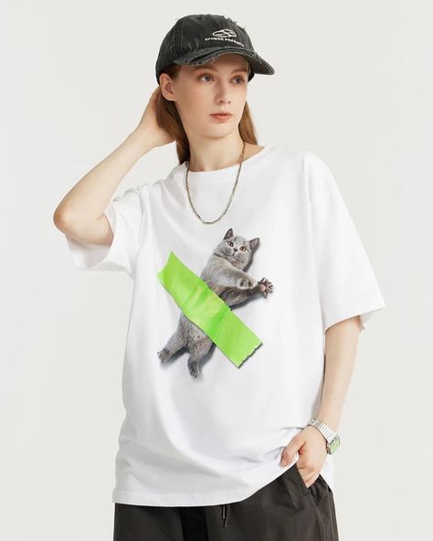 There's a cat stuck in my shirt! Beware... you too will end up stuck - in this shirt! Unisex styled. Clear size chart. Oversized. Loose. Full cotton. Breathable. Quality. Long-lasting. #streetwear #streetstyle #clothingbrand #fashioninspo #inspofashion #fashion #inspiration #inspo #outfitinspiration #ootdfashion #outfitideas Hip Hop Fashion 90s, Crop Pullover, American Street, Denim Hoodie, Jogger Pants Casual, Aesthetic Cat, Patchwork Jeans, Shorts Style, Cooler Look